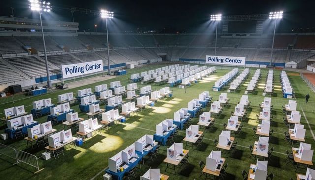 Nighttime stadium voting center with rows of ballot booths under floodlights