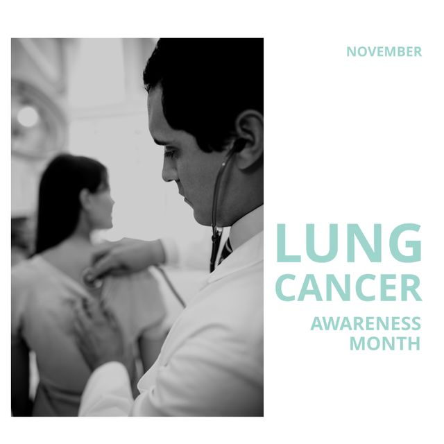 Image of lung cancer awareness month over caucasian male doctor checking female patient. Health, medicine and cancer awareness concept.