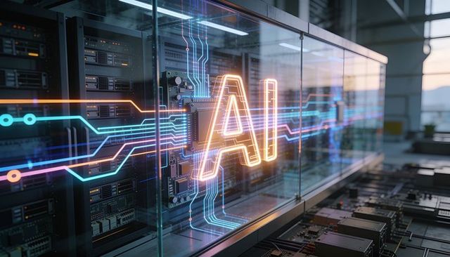 Glowing ai hologram over pcb-filled server rack with neon circuit trails