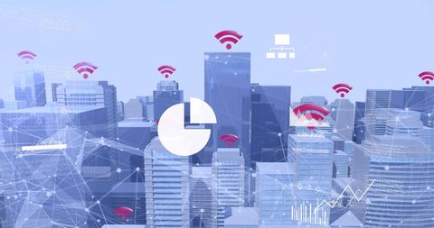 Digital Interface Virtual Elements Over Modern Cityscape