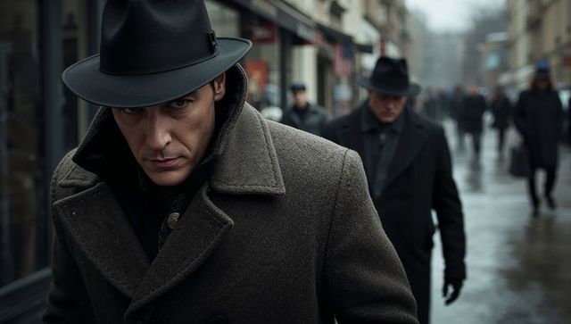 Moody noir man in fedora and overcoat walking rainy city street, glancing back with intent