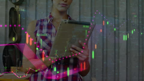 Double Exposure Woman Analyzing Financial Data on Tablet