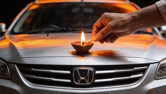Lighting clay diya on silver car hood near honda emblem for diwali car blessing