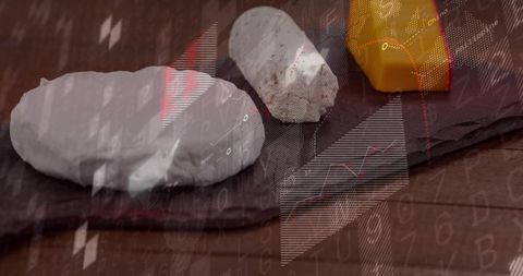 Goat cheese and gouda blending with financial charts on slate board, double exposure art