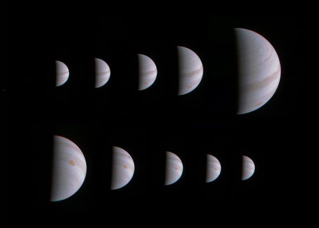 This montage of 10 JunoCam images shows Jupiter growing and shrinking in apparent size before and after NASA's Juno spacecraft made its closest approach on August 27, 2016, at 12:50 UTC.  The images are spaced about 10 hours apart, one Jupiter day, so the Great Red Spot is always in roughly the same place. The small black spots visible on the planet in some of the images are shadows of the large Galilean moons.  The images in the top row were taken during the inbound leg of the orbit, beginning on August 25 at 13:15 UTC when Juno was 1.4 million miles (2.3 million kilometers) away from Jupiter, and continuing to August 27 at 04:45 UTC when the spacecraft was 430,000 miles (700,000 kilometers) away. The images in the bottom row were obtained during the outbound leg of the orbit. They begin on August 28 at 00:45 UTC when Juno was 750,000 miles (920,000 kilometers) away and continue to August 29 at 16:45 UTC when the spacecraft was 1.6 million miles (2.5 million kilometers) away.   http://photojournal.jpl.nasa.gov/catalog/PIA21034