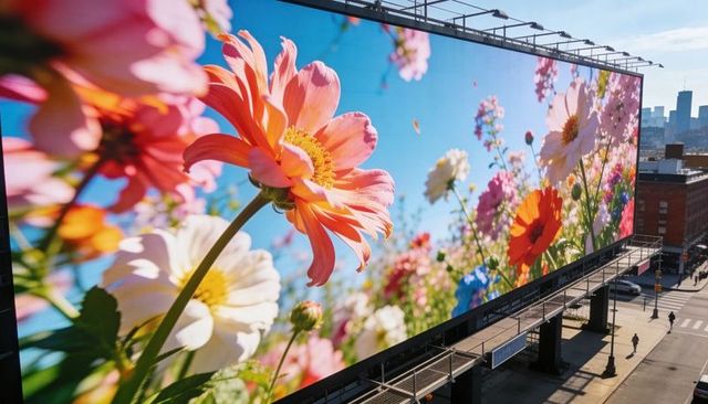 Vibrant wildflower billboard over city street featuring close-up floral display