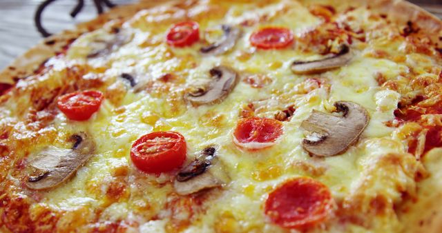 Close-up view of a hot and delicious cheese pizza topped with sliced mushrooms and cherry tomatoes. Filling frame with vibrant colors and textures makes it look delectable and inviting. Perfect for use in menus, food blogs, and advertising for pizza restaurants. Ideal representation of freshly baked pizza suitable for catering services and homemade pizza recipes.