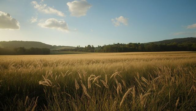 Golden Crop Field Under Tranquil Sunshine with Rolling Hills