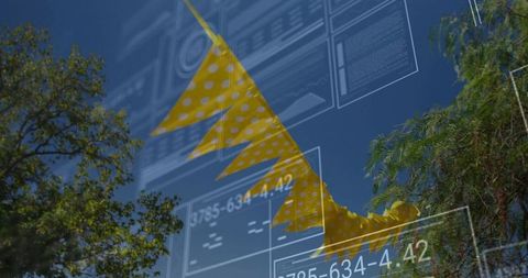 Stylized yellow arrow in sky with digital panels and forest