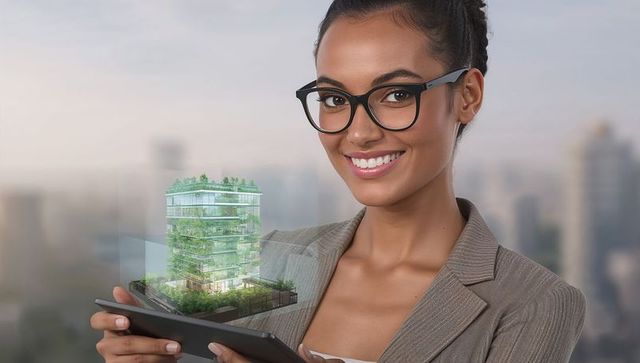Businesswoman presenting tablet projecting holographic green building sustainable urban design