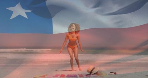 Woman in orange bikini celebrating on sunny beach with waving flag overlay and towel