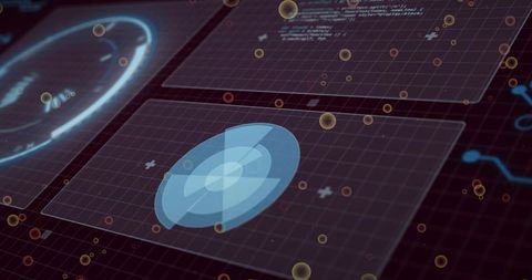 Rotating blue hud interface display with concentric rings and futuristic holographic panels