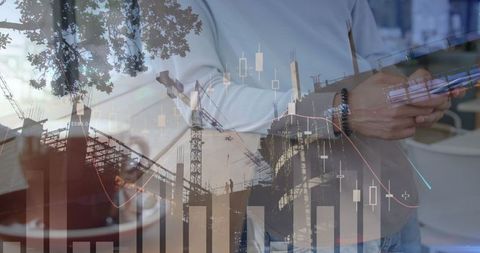 Businessman Operating on Phone Amidst Construction with Analytical Data Overlay