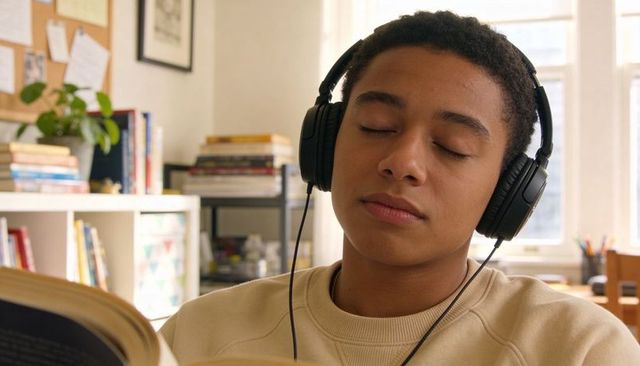 Teen listening to music with headphones while reading and studying in sunlit home study