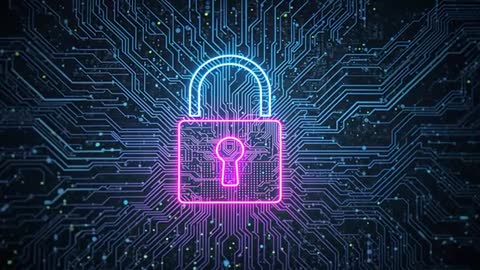 Neon Padlock Represents Cybersecurity in Digital Network