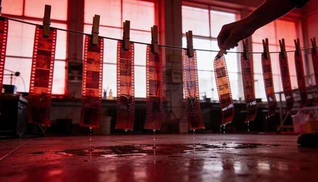 Wet 35mm film negatives hanging on line under red safelight, dripping analog darkroom