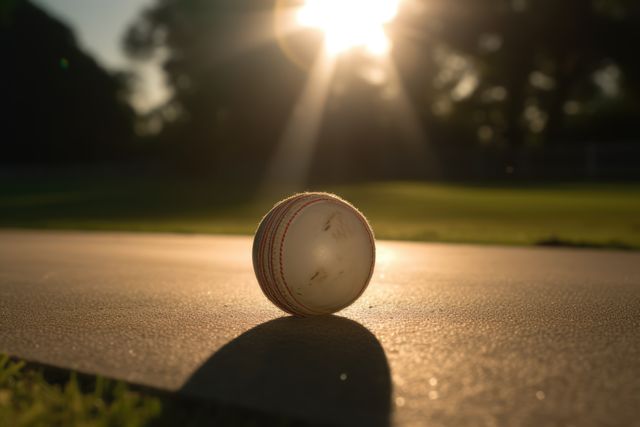 Sunlight shines on a cricket ball resting on a pitch, creating a serene evening atmosphere. Ideal for promoting sporting events, cricket clubs, summer activities, or sports equipment. Emphasizes outdoor activity, relaxation, and the beauty of sports at dusk.