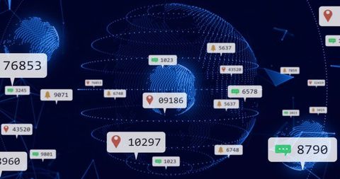 Global digital network displaying holographic data points and geospatial callouts blue UI