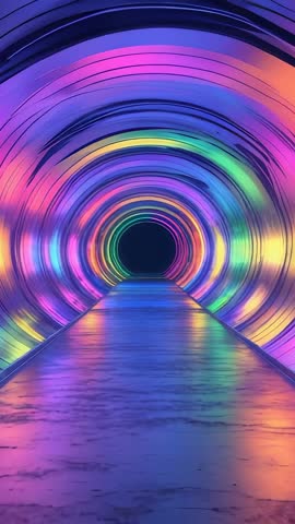 Neon Tunnel Cycling Through Rainbow Hues on Reflective Walkway Futuristic Vertical Video