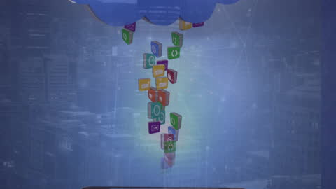 Digital Data Transmission with Cloud Icons in Urban Background