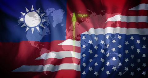 Taiwan and usa flags with technology data overlay