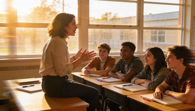 Sunlit teacher engaging high school students in discussion and collaborative learning