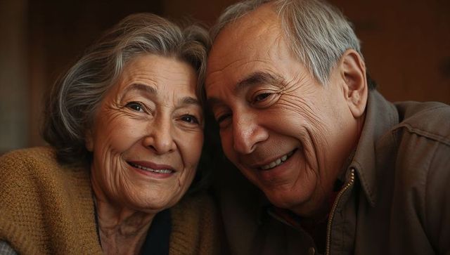 Senior couple sharing warm closeup smile while leaning heads together, cozy home portrait