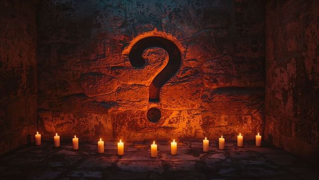 Glowing question mark amidst candles in ancient stone crypt