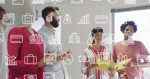 Diverse Team Collaborating with Digital Overlay of Business Icons