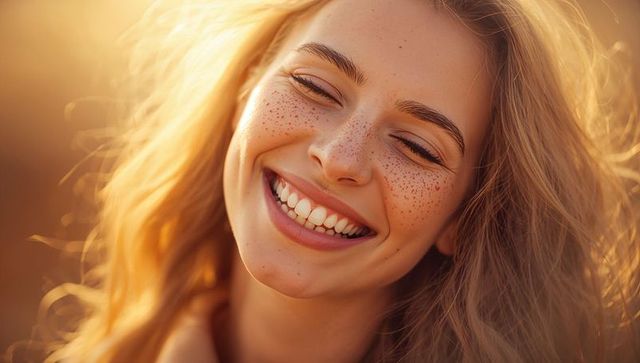 Smiling blonde woman glowing in golden hour with freckles and radiant close-up smile
