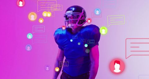 Caucasian Football Player Surrounded by Digital Communication Icons