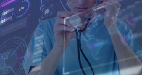 Doctor in Scrubs Holding Stethoscope with Digital Metrics Overlay