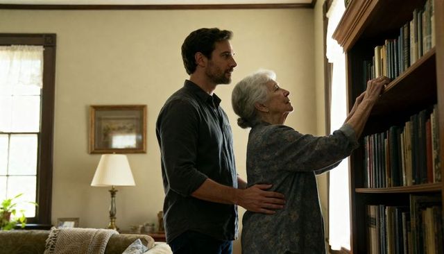 Adult son supporting elderly mother reaching book on bookshelf in cozy sunlit living room