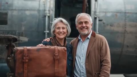 Senior Couple Smiling and Posing on Tarmac Beside Vintage Aircraft and Leather Suitcase