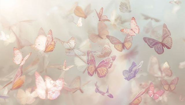 Pastel butterflies fluttering in sunlit bokeh garden soft ethereal translucent wings
