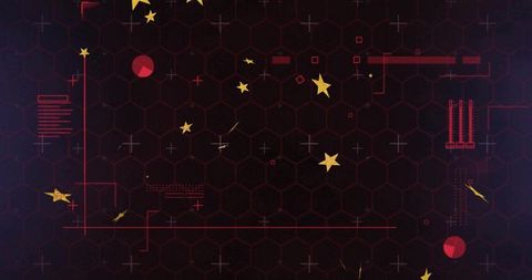 Futuristic HUD Hex Grid with Neon Red Axis Lines and Animated Yellow Stars for Tech Overlays