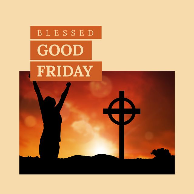 This image beautifully captures the spirit of Good Friday with a silhouette of a woman raising hands in gratitude next to a cross at sunset. Ideal for religious blogs, social media posts, or church bulletins celebrating Good Friday. Can also be used in inspirational articles or spiritual newsletters to convey faith, worship, and thankfulness.