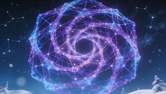 Rotating luminous node torus above snowy hills, neon wireframe network, purple blue