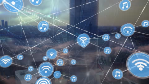 Digital Network Connections with Music Icons Over City Skyline