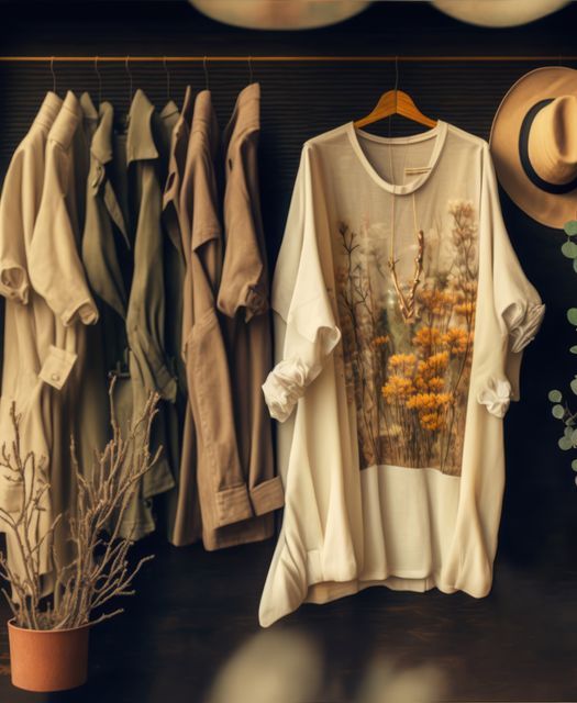 Clothing rack filled with carefully arranged earth-toned garments, drawing focus to a nature-inspired graphic tee. Ideal for websites, articles or social media posts related to fashion, style tips, eco-friendly clothing, or minimalist living. Can be used in a blogging context to showcase modern wardrobe elements.
