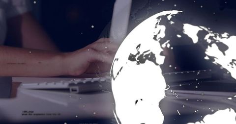 Woman typing at desk with digital globe overlay — global data, connectivity and analytics concept