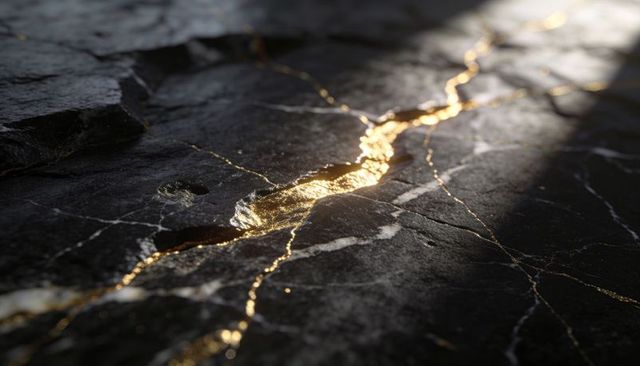Dark marble cracked with gold inlay showing luxury veins and polished metallic texture