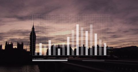 Data analytics concept over london skyline at sunset