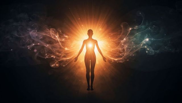 Levitating silhouette radiating inner light and radiant heart core with cosmic energy ribbons