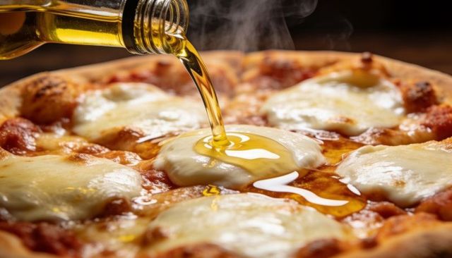 Drizzling golden olive oil over steaming margherita pizza with melted mozzarella close-up