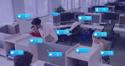 Diverse Colleagues Engaged in Digital Social Media Interaction