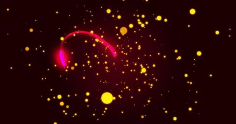 Neon magenta arc sweeping through golden particle nebula on deep maroon backdrop