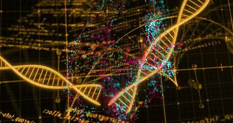 Glowing gold DNA double helix floating over neon grid with cyan magenta particles