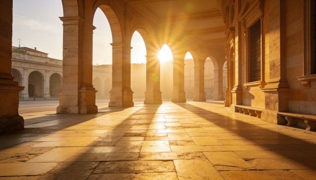 Golden-hour sunburst streaming through historic colonnade, casting long dramatic shadows