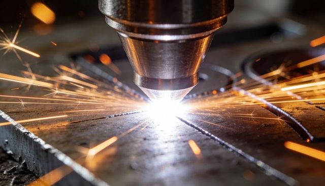 Plasma cutting nozzle emitting sparks and molten metal during precision steel cutting